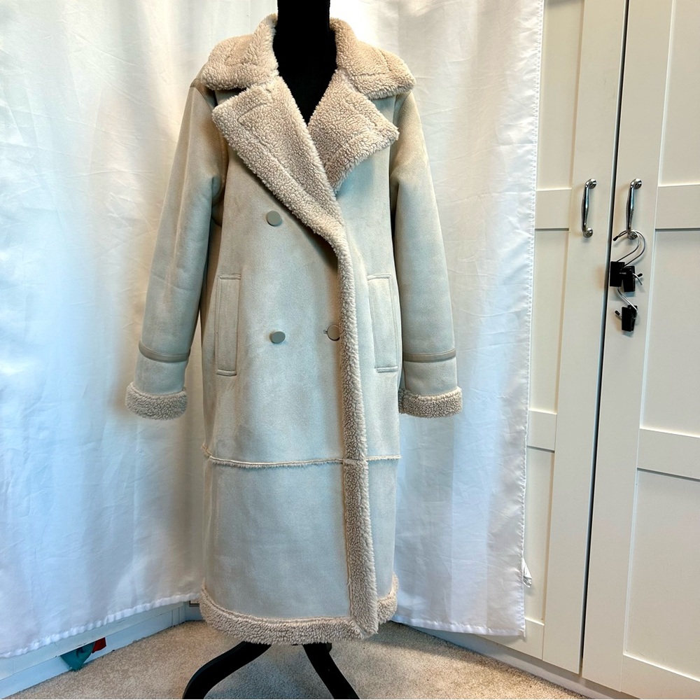 American Eagle double-breasted Vegan faux shearling coat light beige cream Sz L - Picture 4 of 14
